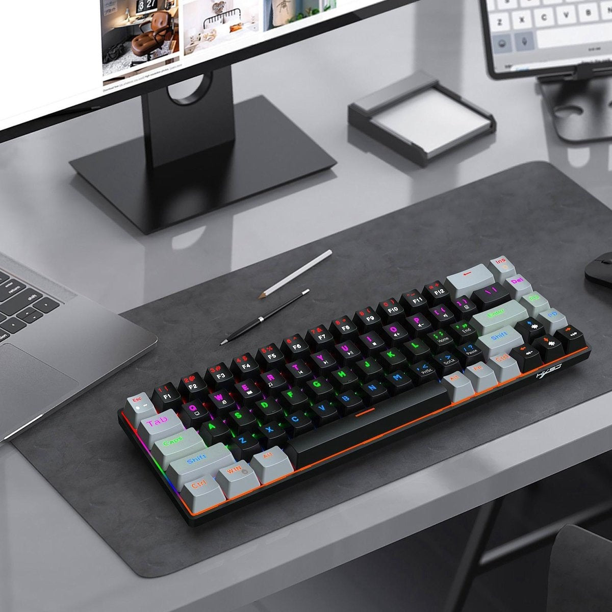 HXSJ V800 - Clavier mécanique de jeu RGB - QWERTY - 68 touches - TKL - Interrupteur bleu - Noir gris