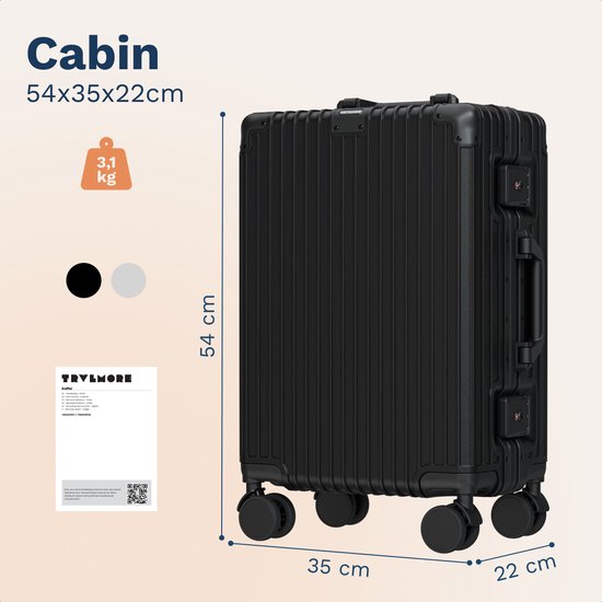 Valise cabine TRVLMORE Premium - 54 x 35 x 22 cm - Roulettes pivotantes à 360° - Double serrure à combinaison TSA - Polycarbonate - Sans fermeture éclair - 40 litres - Noir