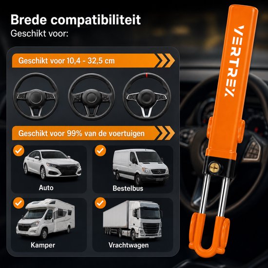 Antivol de direction Vertrex pour voiture - Antivol - Universel pour voiture et camping-car - Dissuasion visuelle - avec 2 clés
