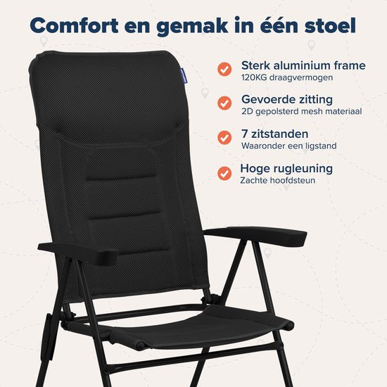TRVLMORE Chaise de camping - 7 positions - Chaise de camping confortable - Capacité de charge de 120 kg - Position allongée - Chaise pliante - Chaise pliante - Noir