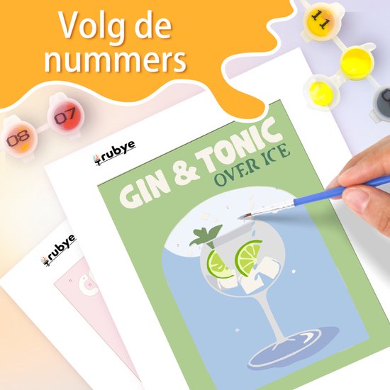 Rubye® Painting By Number Adults - Gin Tonic - Cocktails - Peinture et pinceaux inclus - Toile à peindre - Colour by Number - Double Set - 15x20cm