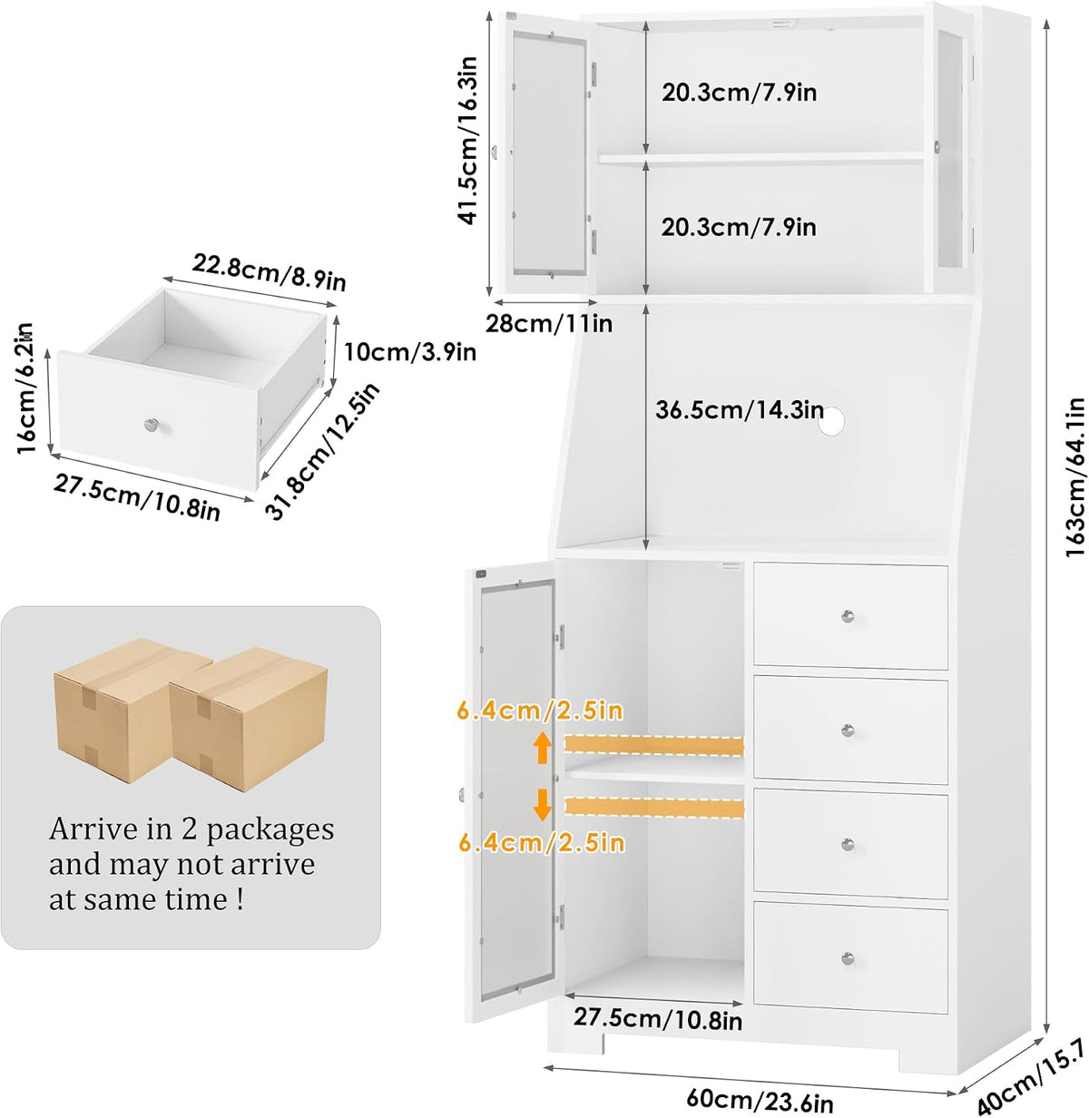 Armoire de cuisine haute avec plan de travail - 4 tiroirs et 3 portes vitrées - 60 cm de large - Blanc