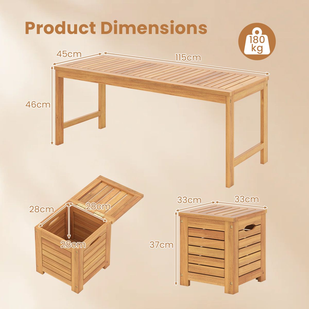 Banc de jardin Coast avec rangement - 3 compartiments de rangement - 115 x 45 cm - couleur naturelle
