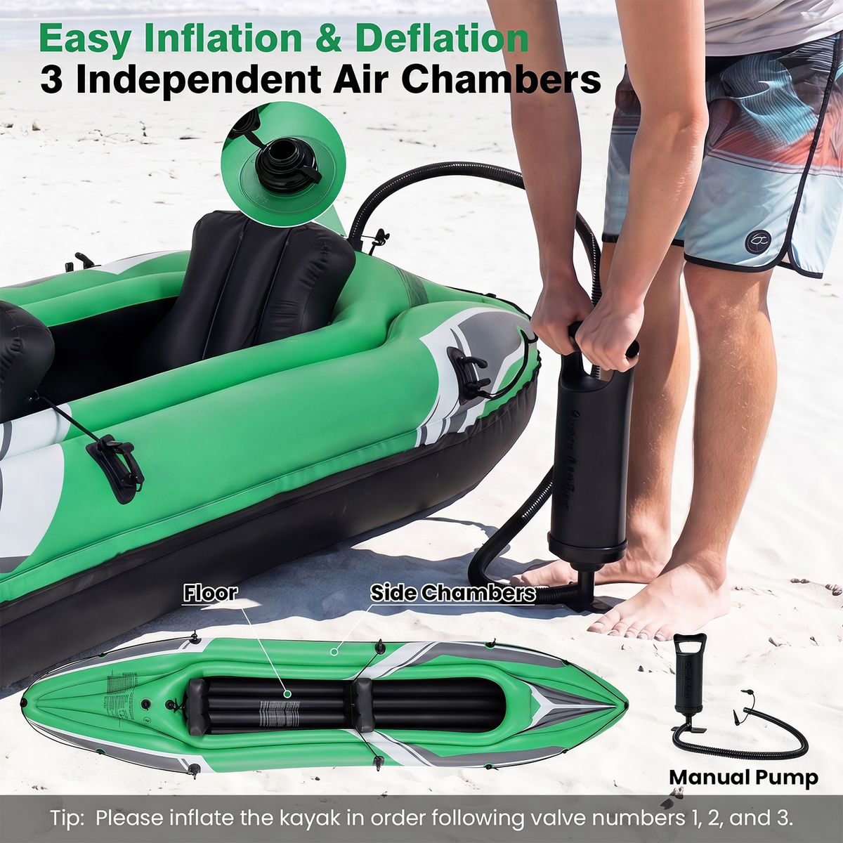 Kayak gonflable Coast pour 2 personnes - PVC renforcé - avec pagaies en aluminium et dossiers - vert/noir 350 x 78 x 47 cm
