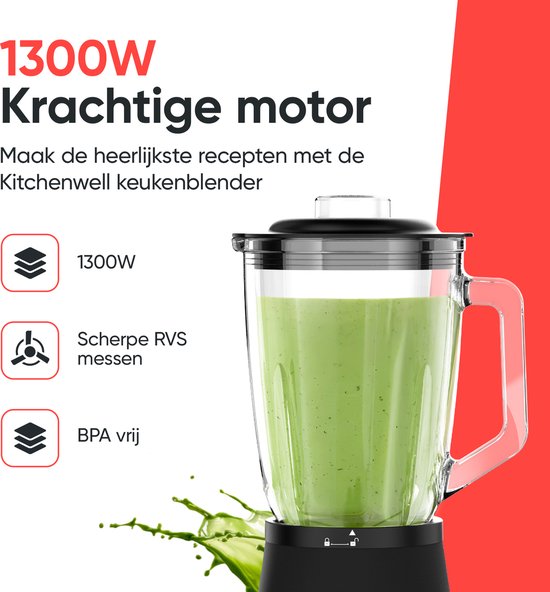 Blender -  Kitchenwell - Puissant mixeur à smoothie de 1300 watts - 1,5 litre - gobelet en verre -  Gobelet de sport inclus - acier inoxydable - Noir