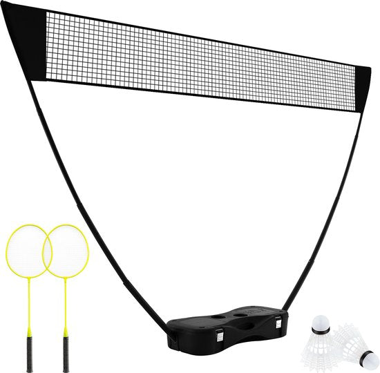 COSTWAY Support de filet de badminton, jeu de navette portable avec raquettes, 2 navettes, filet et boîte de rangement, set complet de badminton pour badminton/tennis et volley-ball pour l'intérieur et l'extérieur