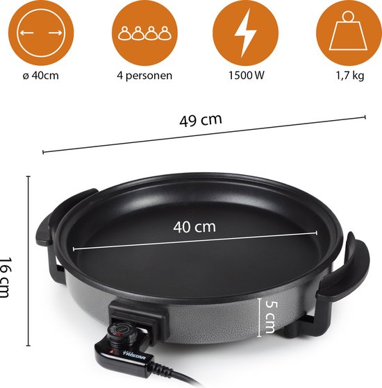 Poêle électrique Tristar 1500 W - PZ-2964 - Ø 40 cm avec couvercle - Température maximale 280 °C - Sans PFAS