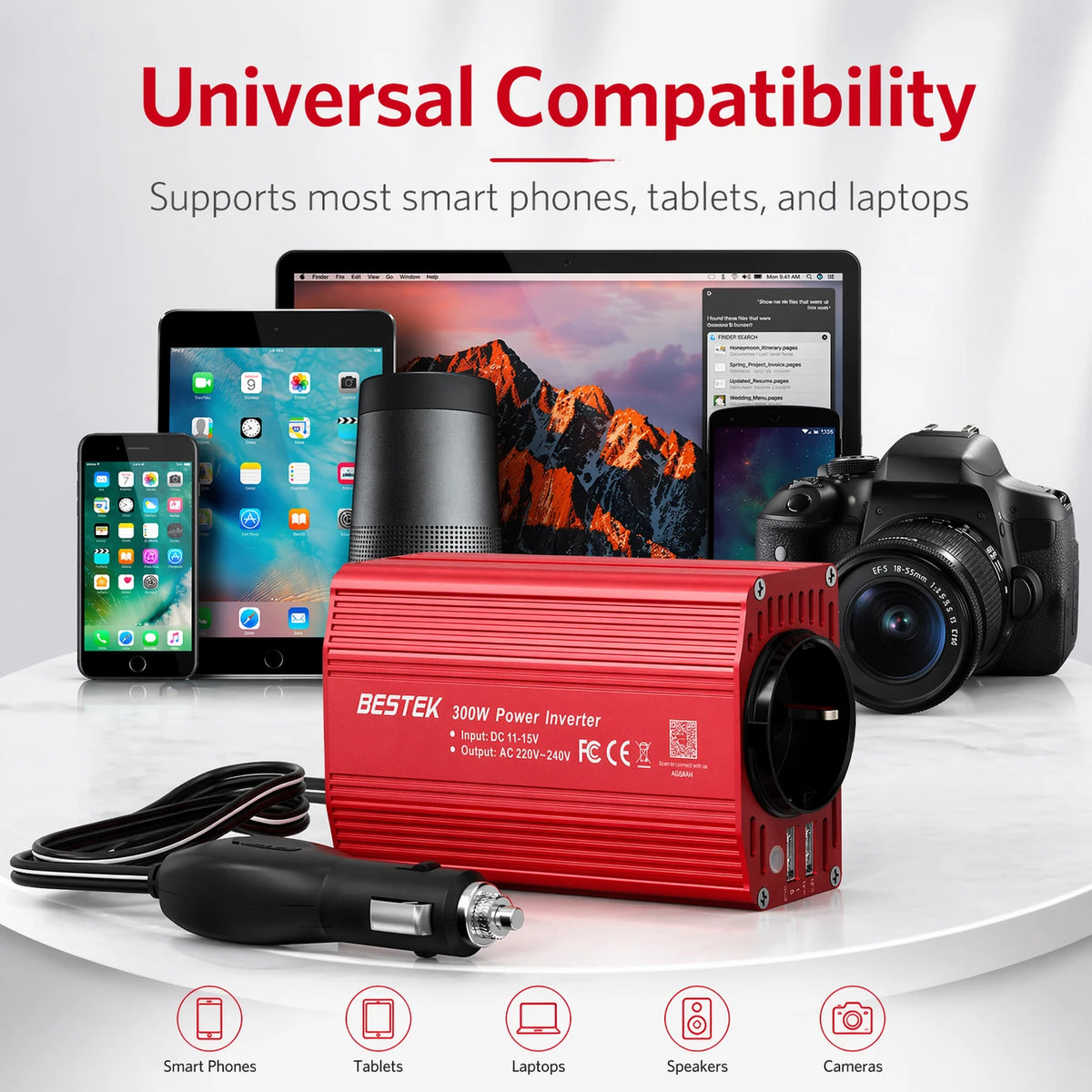 Convertisseur BESTEK 300 W 12 V vers 230 V – 2 ports USB et prise de courant – Pour voiture, camping-car et en déplacement – Rouge