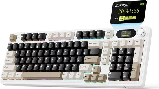 ATTACK SHARK X98 - Clavier gaming mécanique sans fil - Écran TFT - Molette multifonction - Touches en PBT - Tri-mode : filaire/2,4 GHz/Bluetooth - Modèle « Gasket » - 98 touches - Cheese White