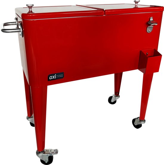 AXI Retro Cooler Rouge - Glacière à roulettes - Capacité de 76 L - Glacière avec robinet de vidange