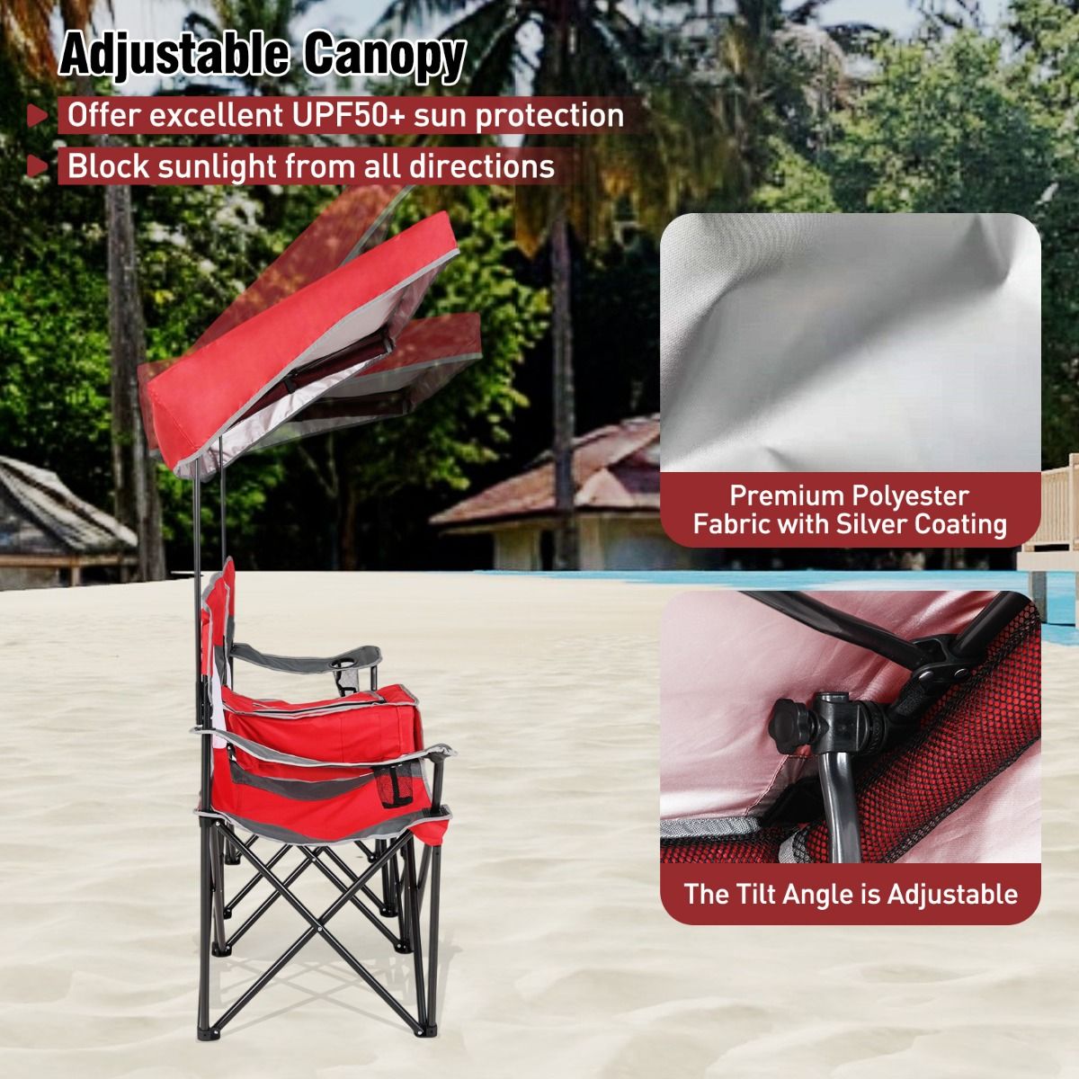 Chaise de camping double Coast - pare-soleil réglable - sac isotherme et porte-gobelets - rouge
