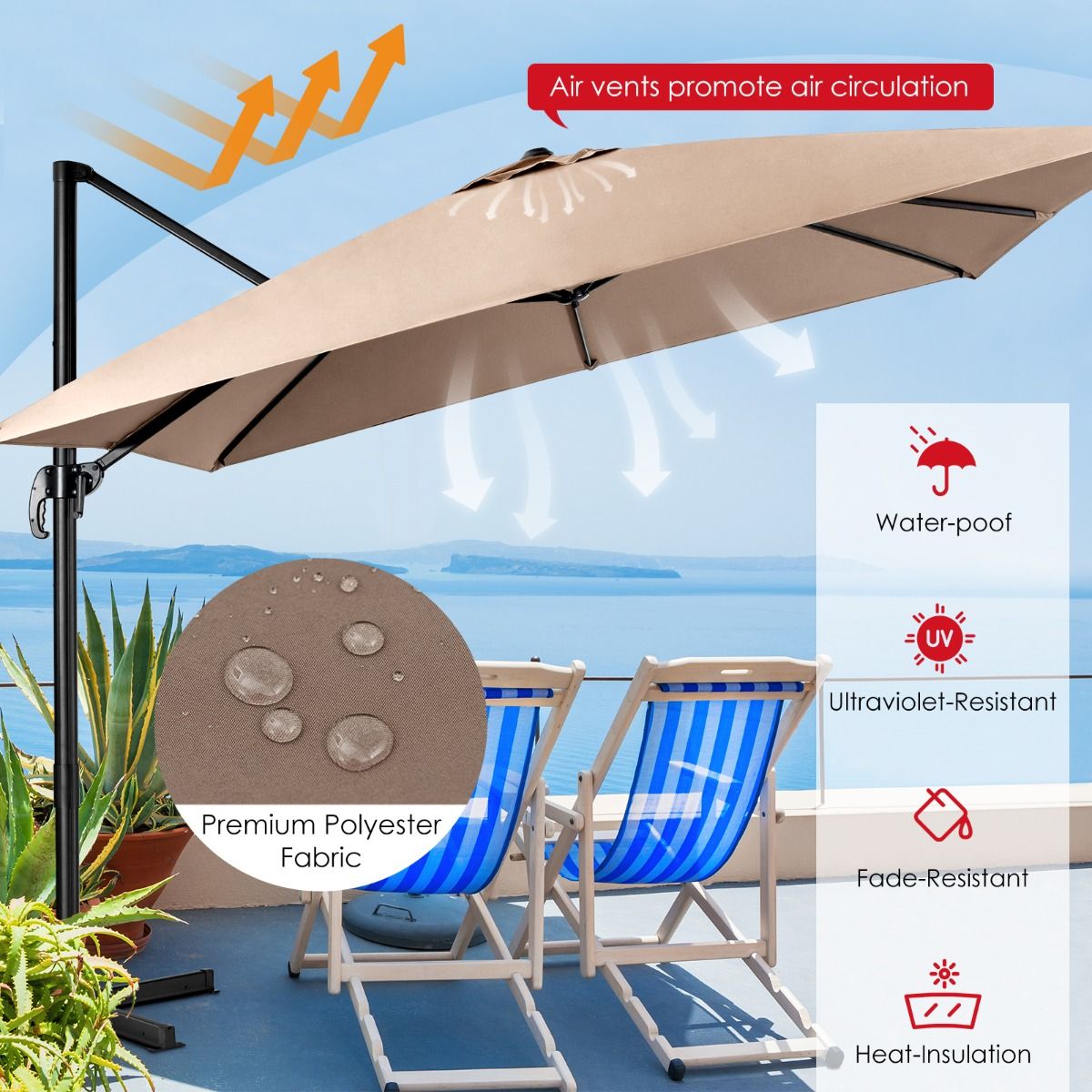 Parasol suspendu Coast - pivotant à 360° et inclinable - 300 x 300 cm - beige