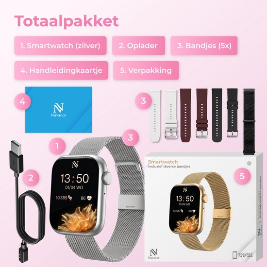 Montre connectée Nuvance pour femme - Montre connectée pour homme - Montre podomètre pour femme - Cardiofréquencemètre - Montre de sport - Compatible iOS/Android - Écran AMOLED - 5 bracelets inclus - Argent