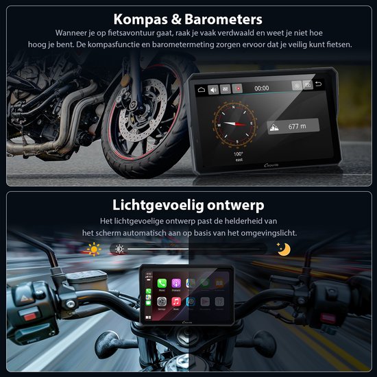 CARPURIDE W702 Pro - Écran CarPlay pour moto - fonction intercom - boussole - baromètre - écran tactile - partage de musique - double connexion Bluetooth