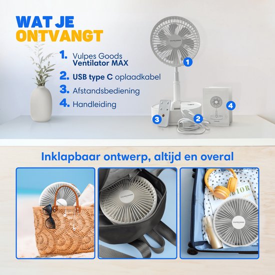 Vulpes Goods® Tech Wireless Tripod Fan - Ventilateur rechargeable 4 en 1 - Silencieux et réglable - Version PRO