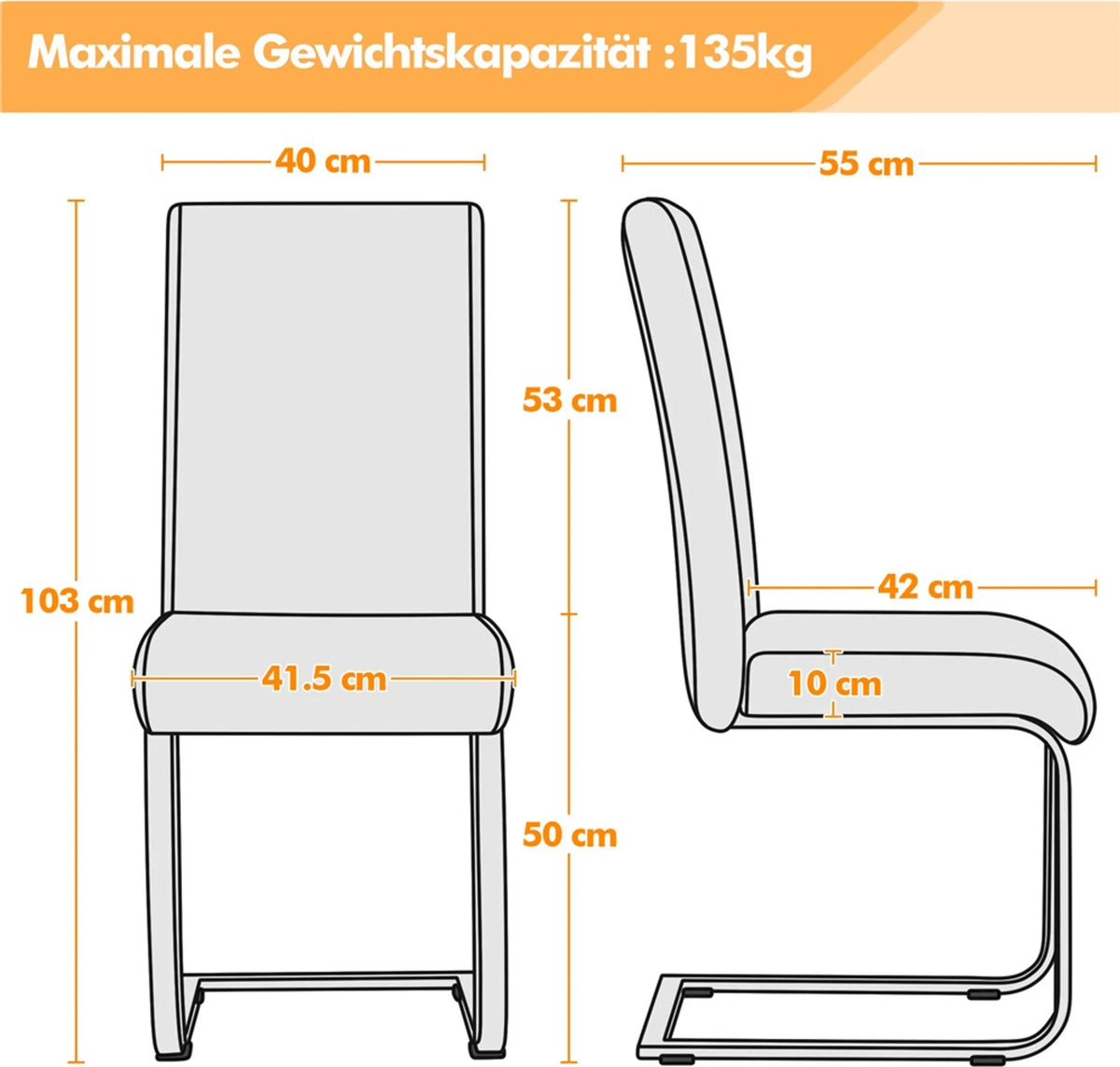 Yaheetech Lot de 2 chaises de salle à manger à pied en porte-à-faux – Simili cuir blanc avec structure métallique – Capacité de charge de 135 kg