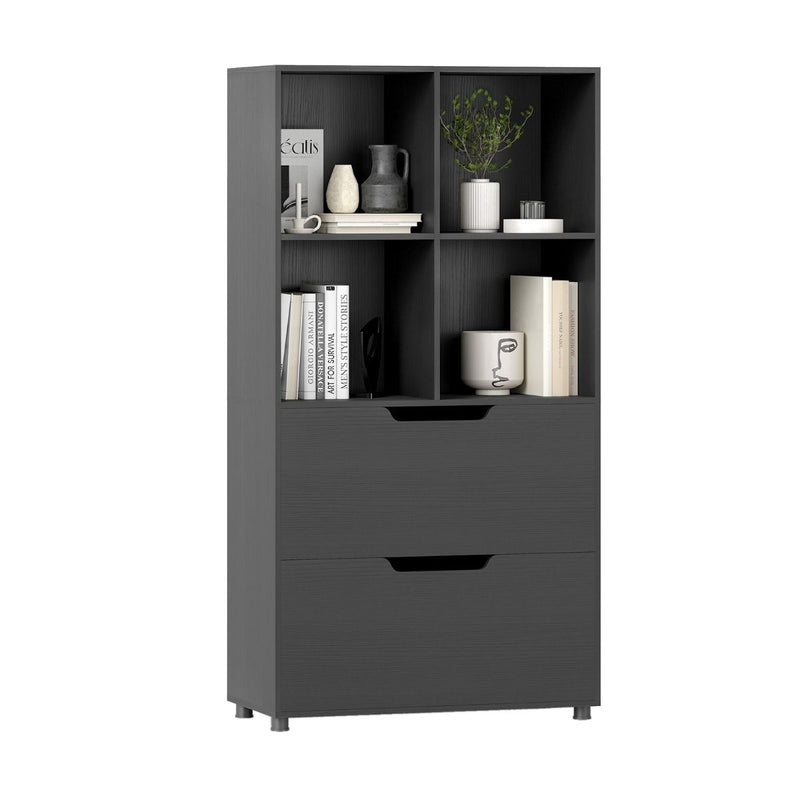 Bibliothèque Coast - quatre étagères ouvertes - deux grands tiroirs - noir - 70 x 33,5 x 130 cm