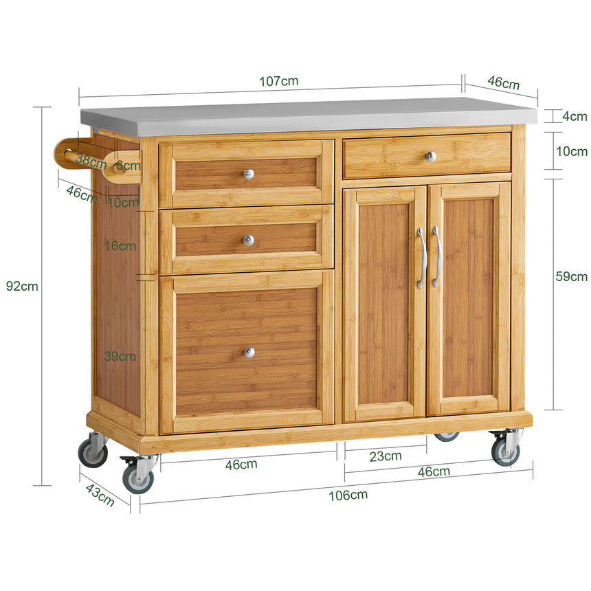 Îlot de cuisine mobile SoBuy en bambou avec plan de travail en inox – 4 tiroirs et placard – 115 cm