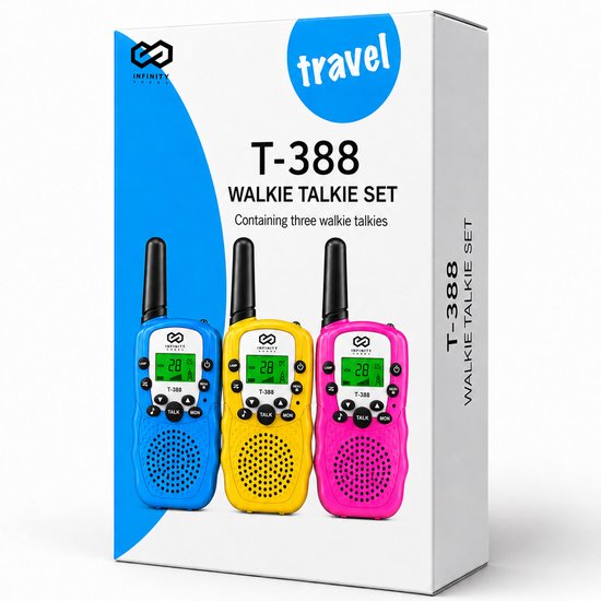 Talkie-walkie Infinity Goods - Pour enfants et adultes - Lot de 3 - Piles incluses - Portée de 3 km - Bleu, rose et jaune