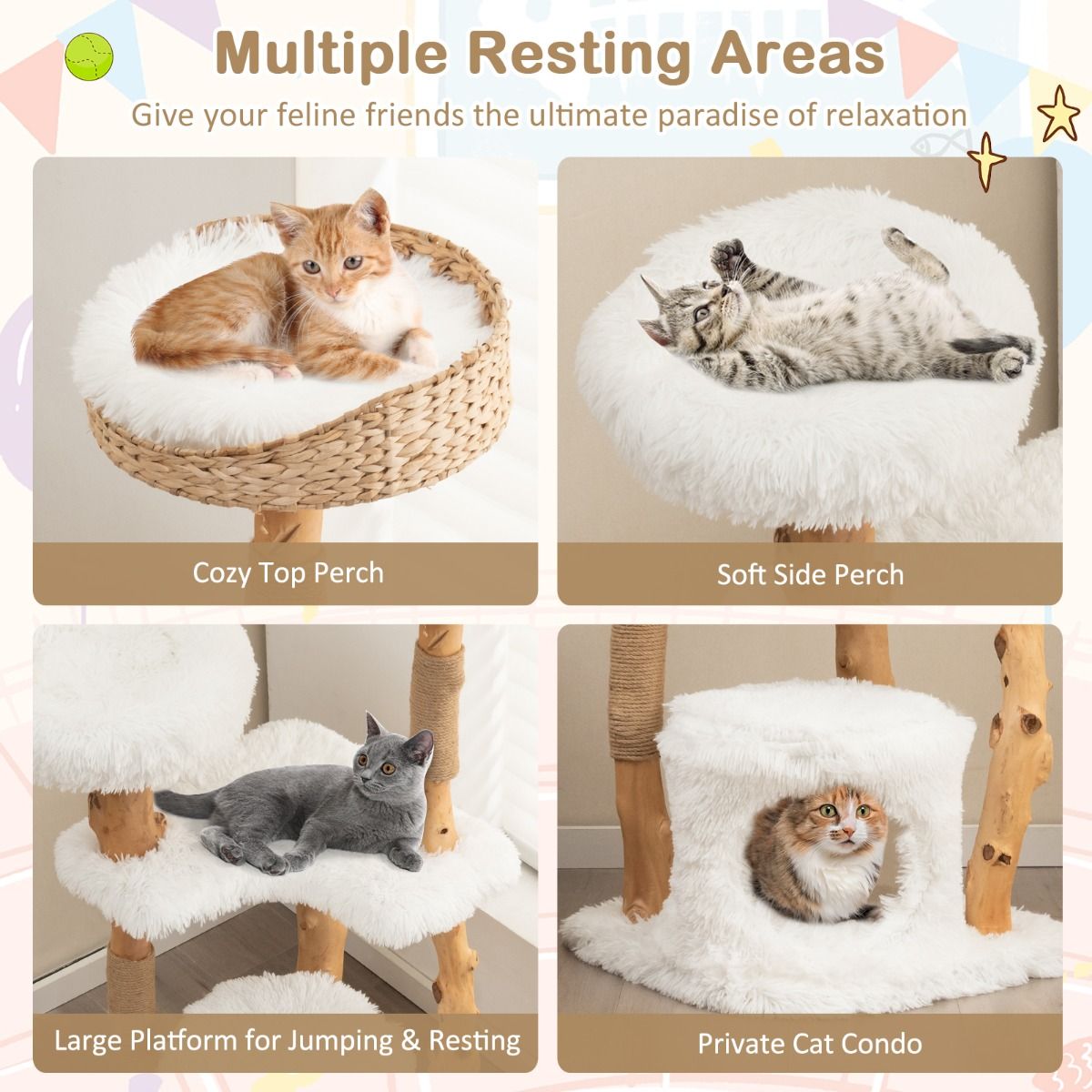 Arbre à chat Coast - Bois massif et jute - 5 niveaux - Naturel et blanc - 124 cm