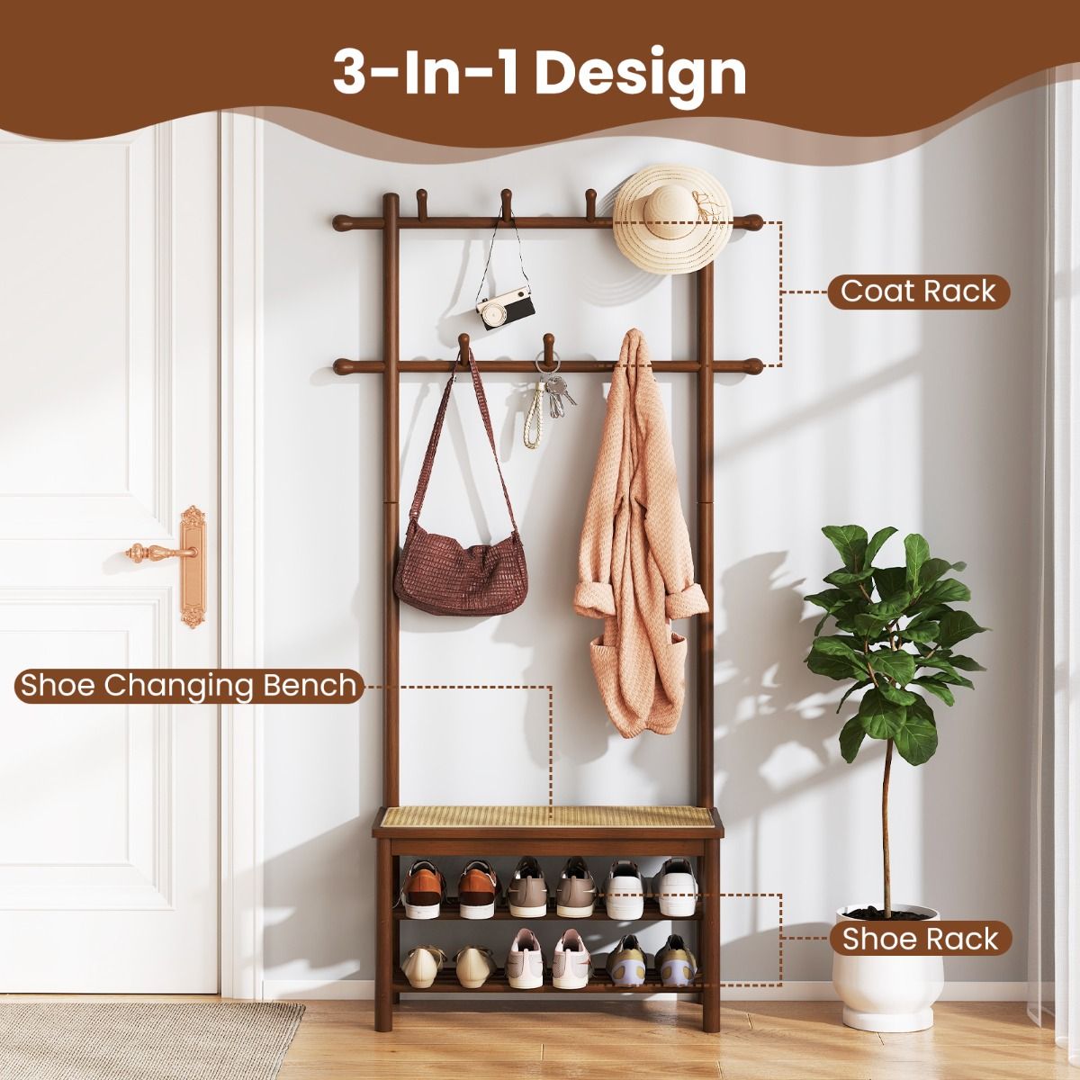Porte-manteaux Coast en bambou avec banc - Porte-chaussures - Assise en rotin PE - Marron et naturel - 71 x 30 x 169,5 cm