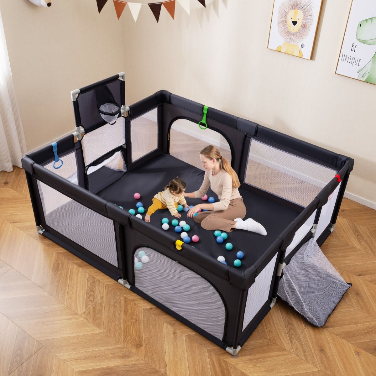 Babybox Coast avec panier de basket et cage de foot - balles et sac de transport inclus - gris foncé 188 x 157 cm
