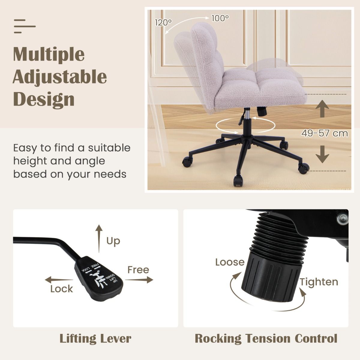 Chaise de bureau Coast sur roulettes - pivotante, sans accoudoirs - assise large - gris clair