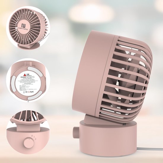 Mini ventilateur USB Northwall - Ventilateur de table rose - Mini ventilateur silencieux - Ventilateur de bureau rétro - Petit, silencieux et discret - Double moteur - Inclinable - 2 vitesses