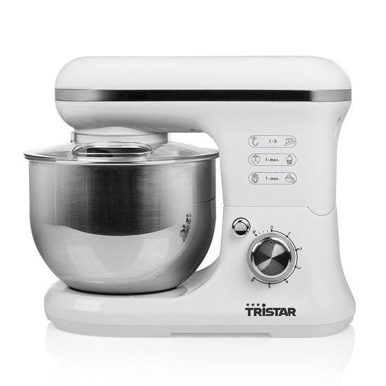 Robot de cuisine Tristar MX-4817 - Robot de cuisine avec bol de 5 litres - 3 crochets pétrisseurs inclus - Robot de cuisine - 6 programmes - Lavable au lave-vaisselle - 1 200 watts - Blanc