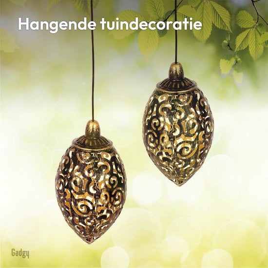 Gadgy Lanterne Orientale Solaire Suspendue 2 pièces - Éclairage de Jardin Solaire à LED - Capteur Jour/Nuit - Lanterne de Jardin - Bronze - Métal