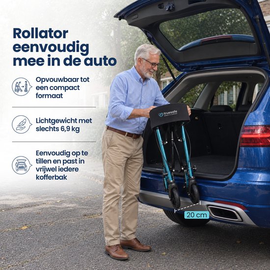 Rollator TrueSafe léger et pliable (6,9 kg) - Pour l'intérieur et l'extérieur - Avec coussin d'assise ergonomique, éclairage, dossier, support pour canne et bien plus encore - Bleu