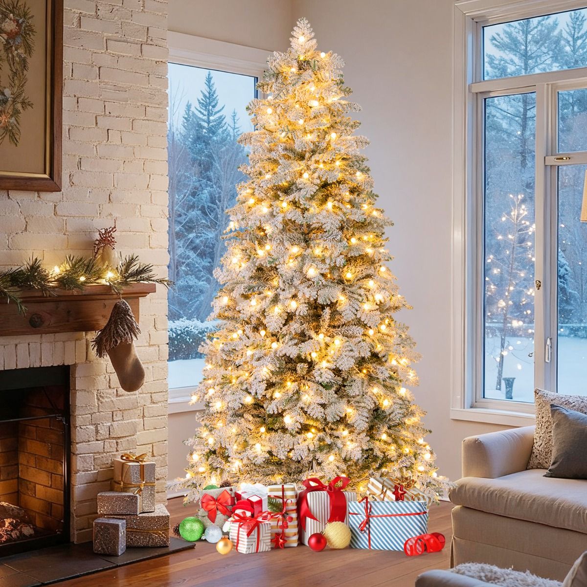 Sapin de Noël artificiel Coast - enneigé - avec éclairage LED - 210 cm - vert et blanc