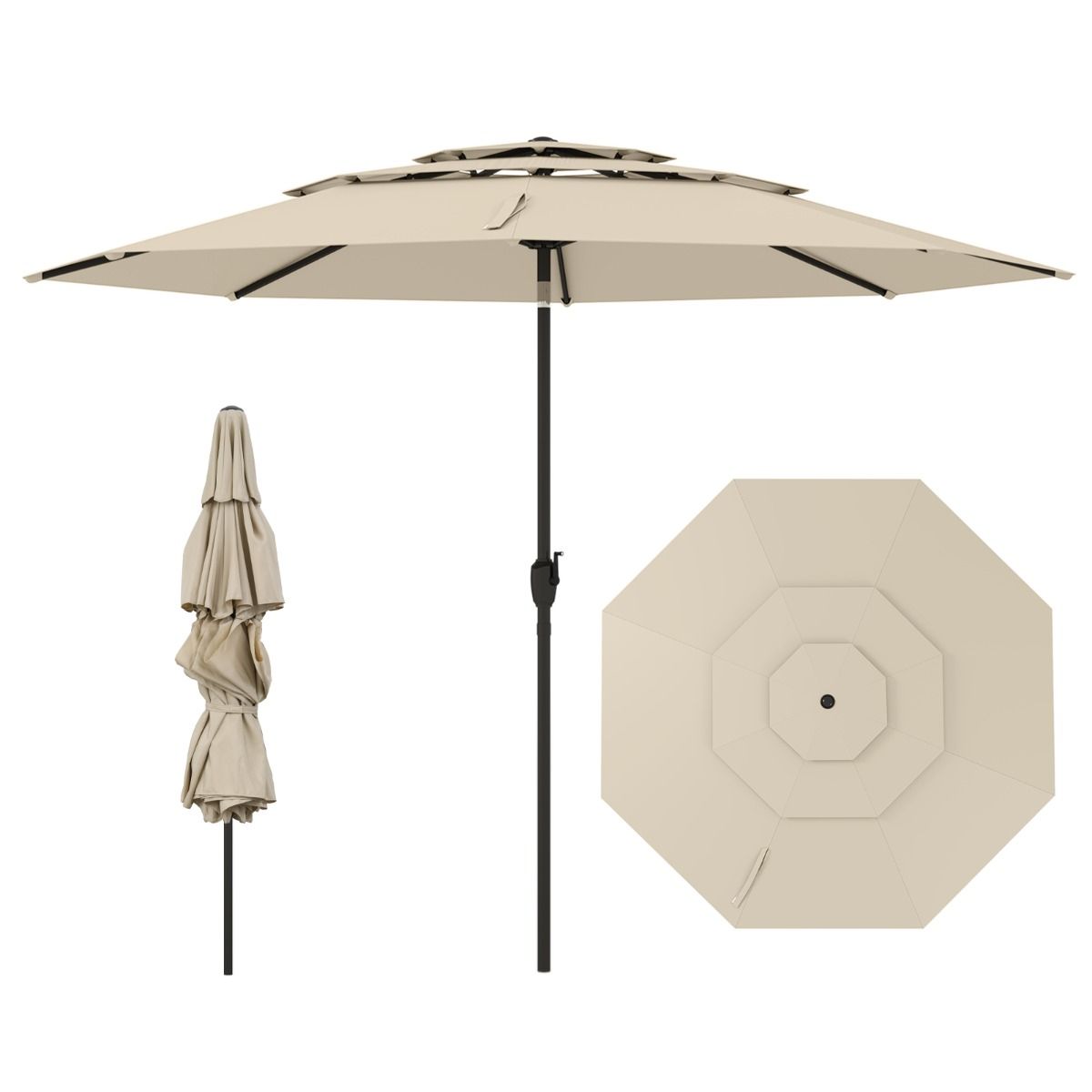 Parasol de table Coast - 3 couches ventilées - Inclinable à l'aide d'une manivelle - 300 cm de diamètre - Beige