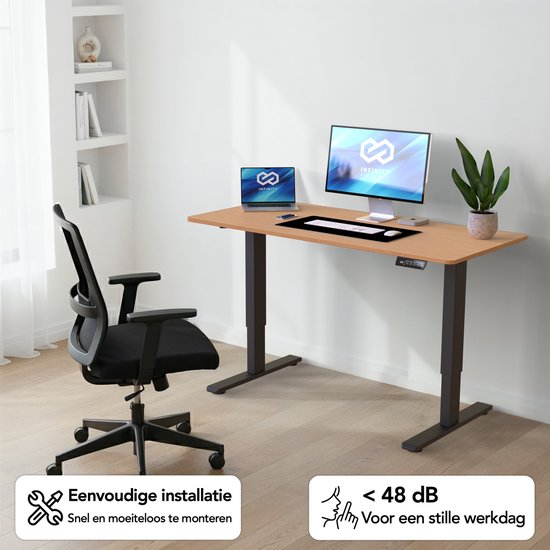 Bureau assis-debout Infinity Goods à réglage électrique - 140 x 60 cm - Fonction mémoire - Couleur bois