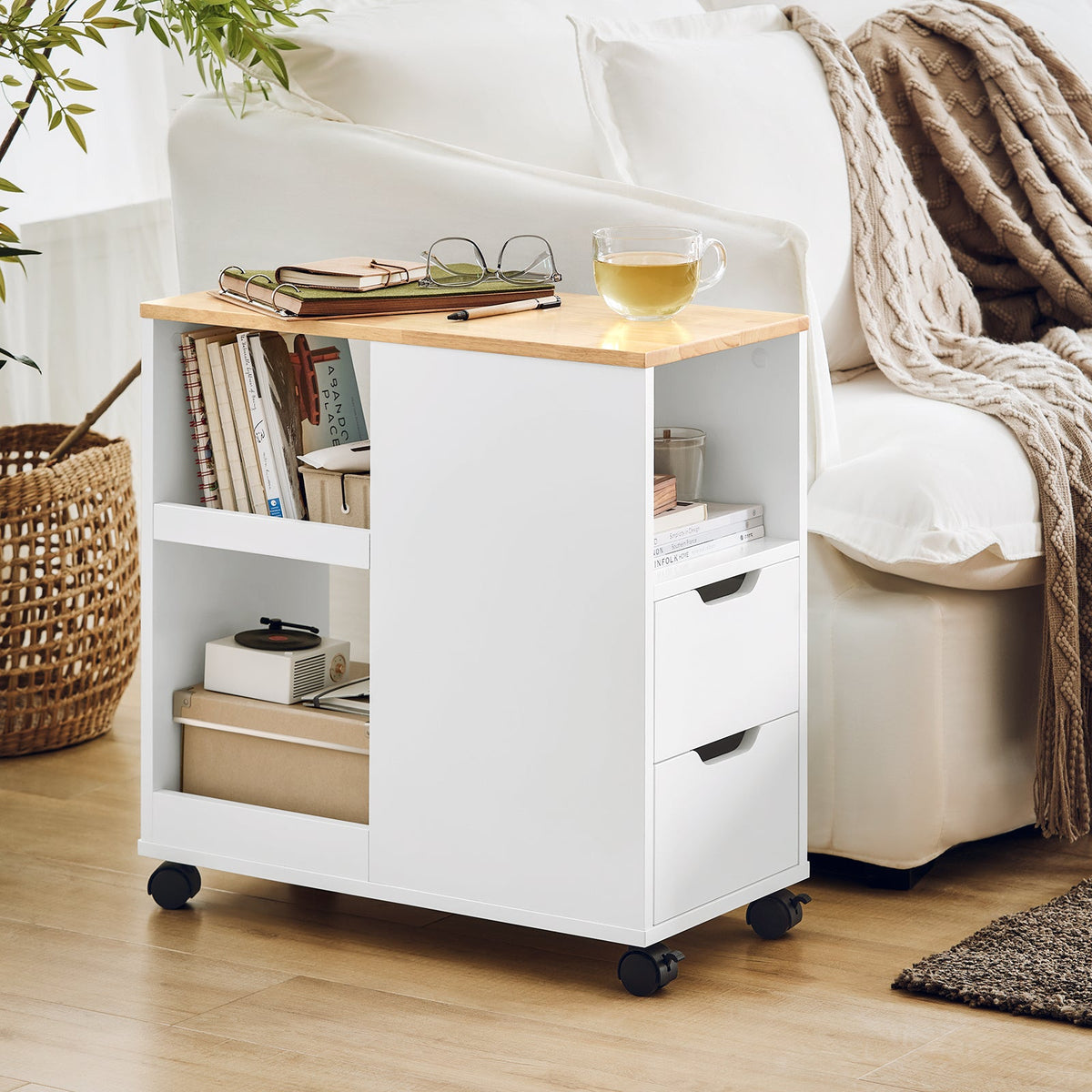 SoBuy Table d'appoint - FBT130-WN - 2 tiroirs et étagères - 60 x 30 x 60 cm - Blanc