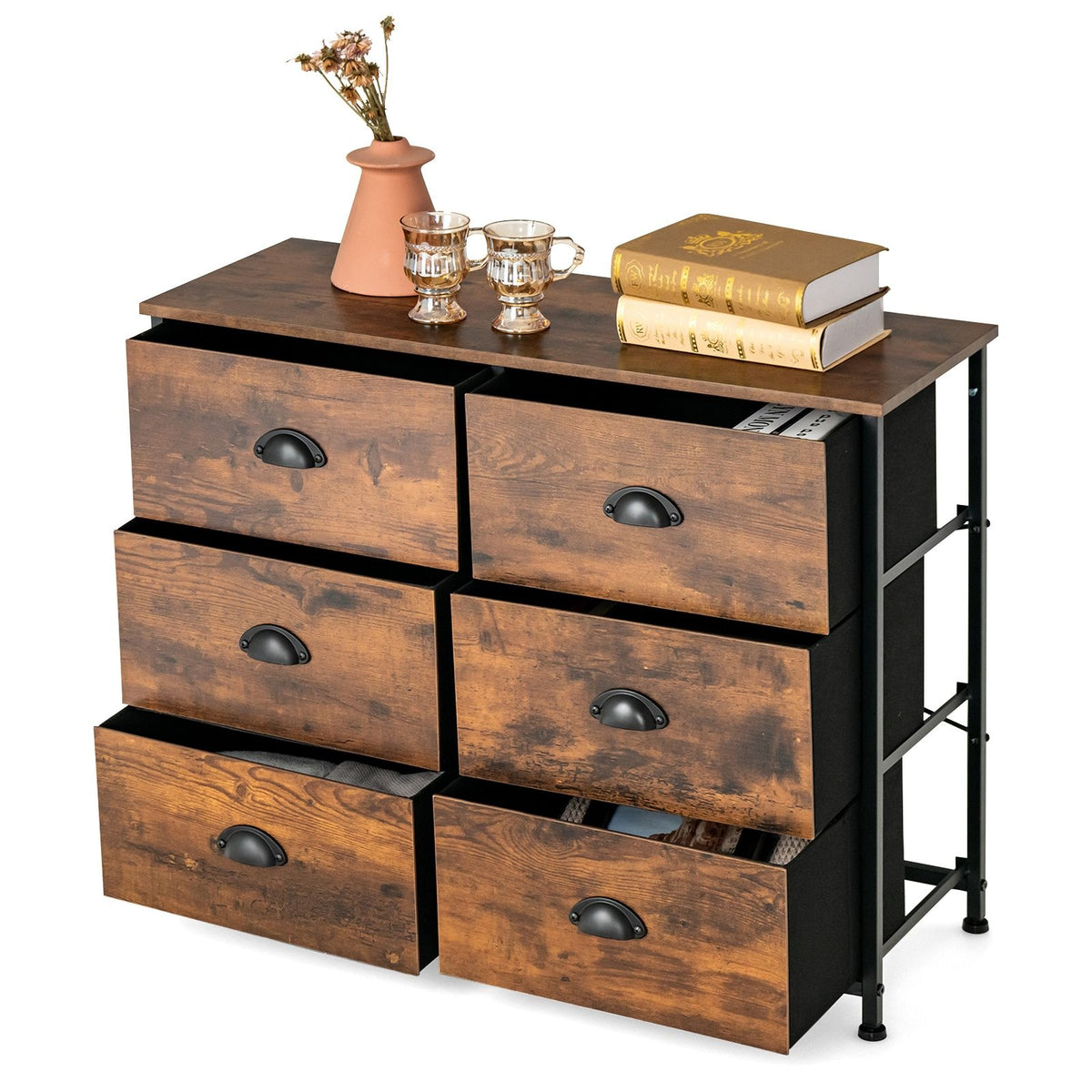 Commode Coast - avec 6 tiroirs - bois - 3 niveaux - brun rustique