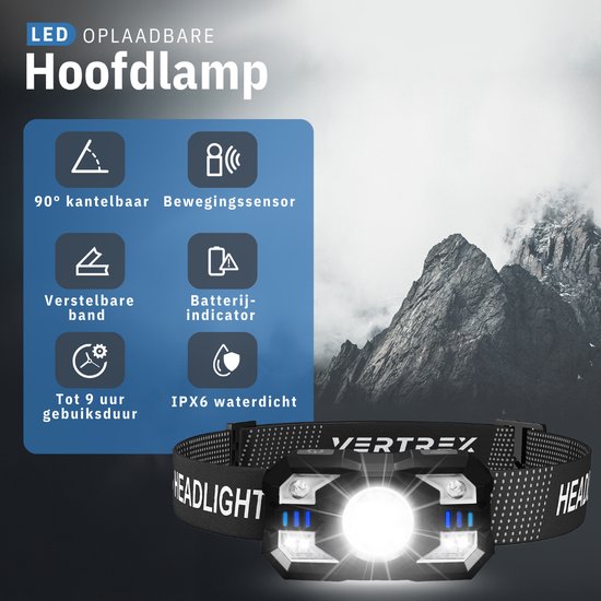 Lampe frontale Vertrex LED rechargeable - Lampe frontale - Lampe frontale - torche principale - Lumière blanche et rouge