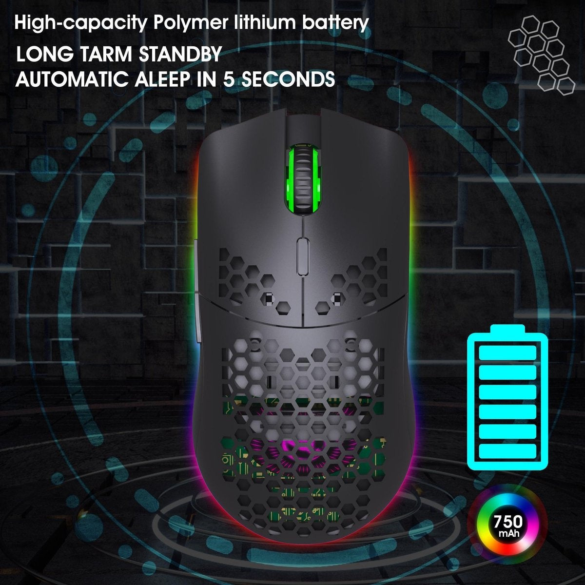 HXSJ T66 Souris de jeu sans fil 2.4G - Ultra légère - Eclairage RGB - Noir