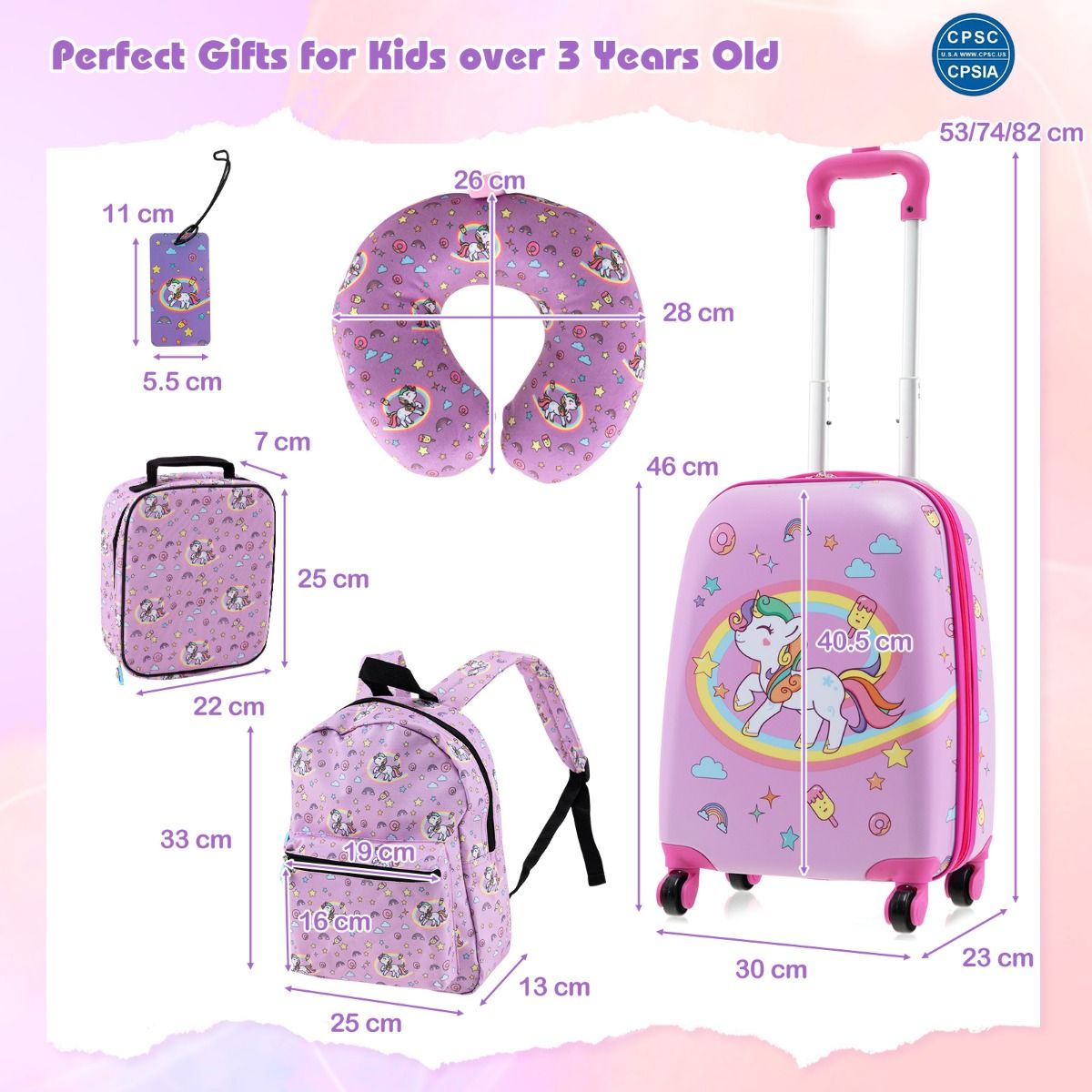 Coast Suitcase Set for Kids 4-Piece - Trolley Backpack Neck Cushion Lunch Bag - Pink Unicorn