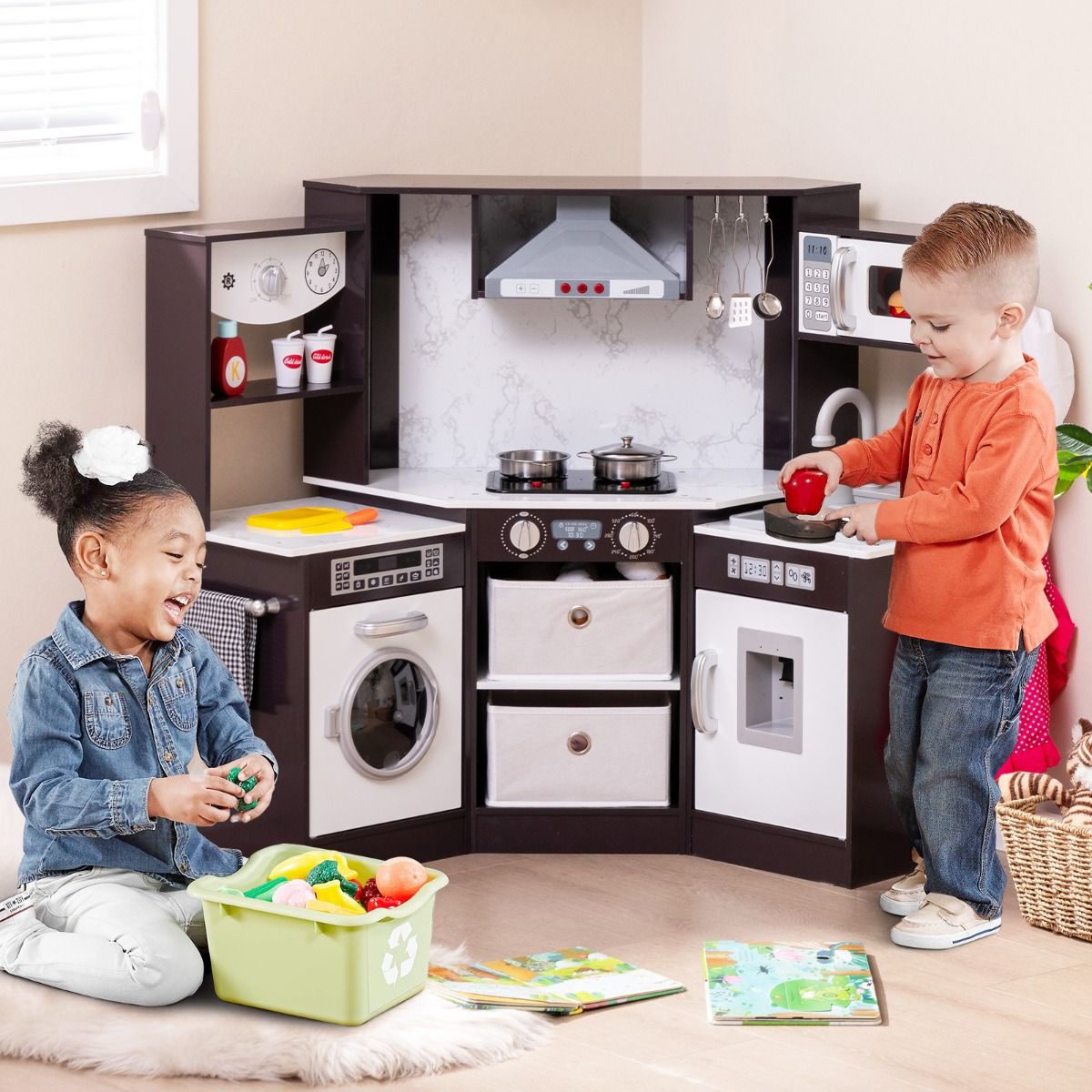 Cuisine jouet en bois Coast pour enfants - avec lumières et sons - distributeur d'eau et lave-linge - noir