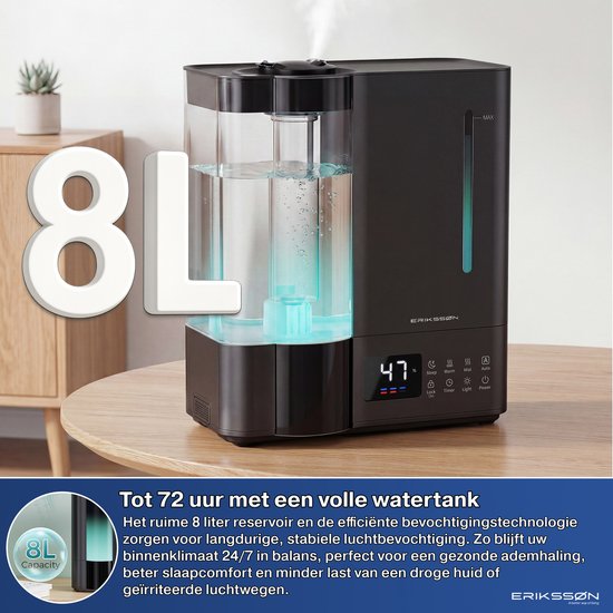 Humidificateur Erikssøn Elite - 8 litres - Adapté au salon, au bureau, à la chambre à coucher, à la chambre de bébé - Humidificateur - Avec fonction d'aromathérapie - Noir