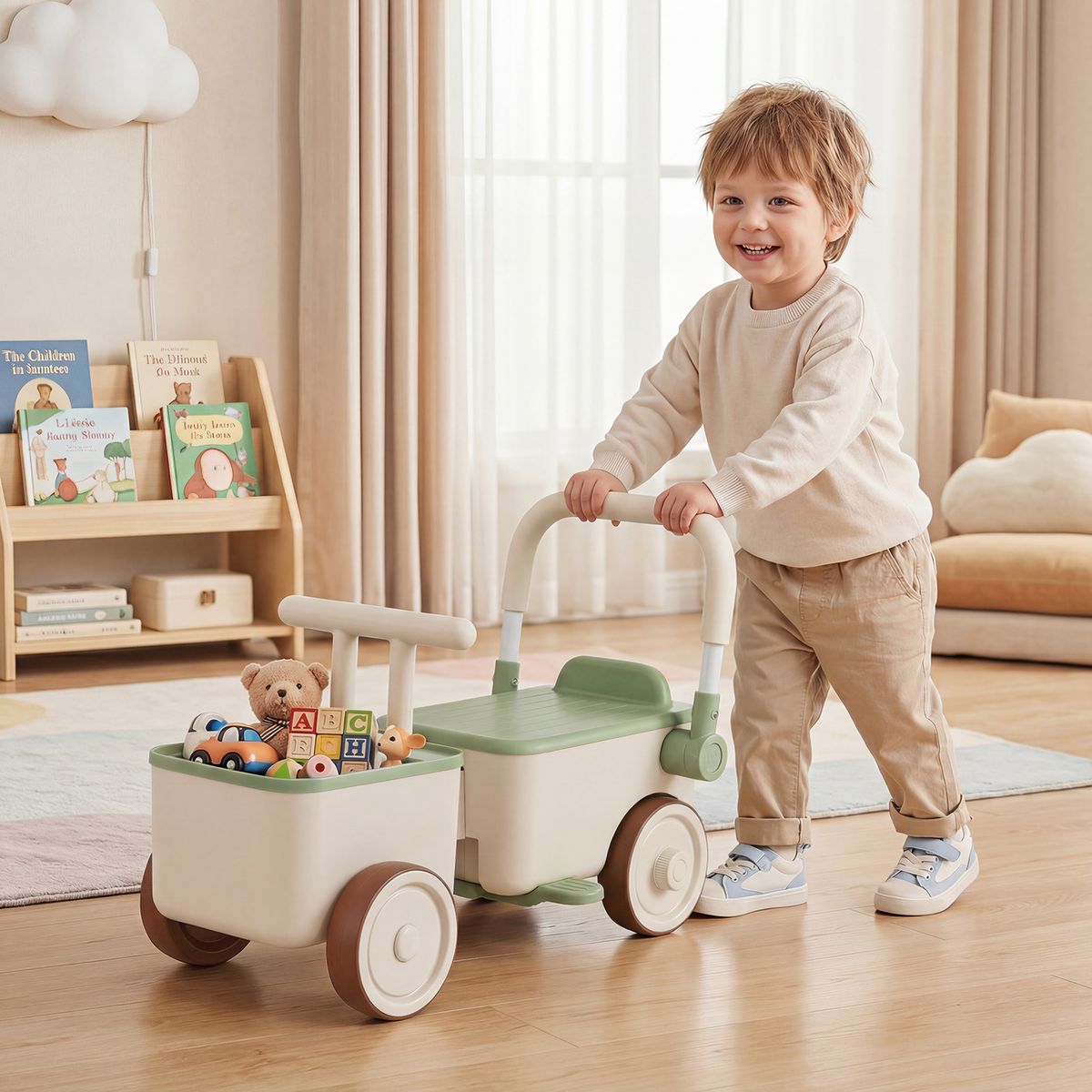Trotteur 3-en-1 Coast pour enfants - avec espace de rangement - fonction pousser-tirer - vert