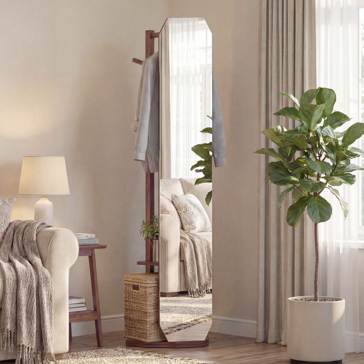 Miroir en pied Coast avec pied - Armoire 3-en-1 - Pivotant à 360° - Noyer