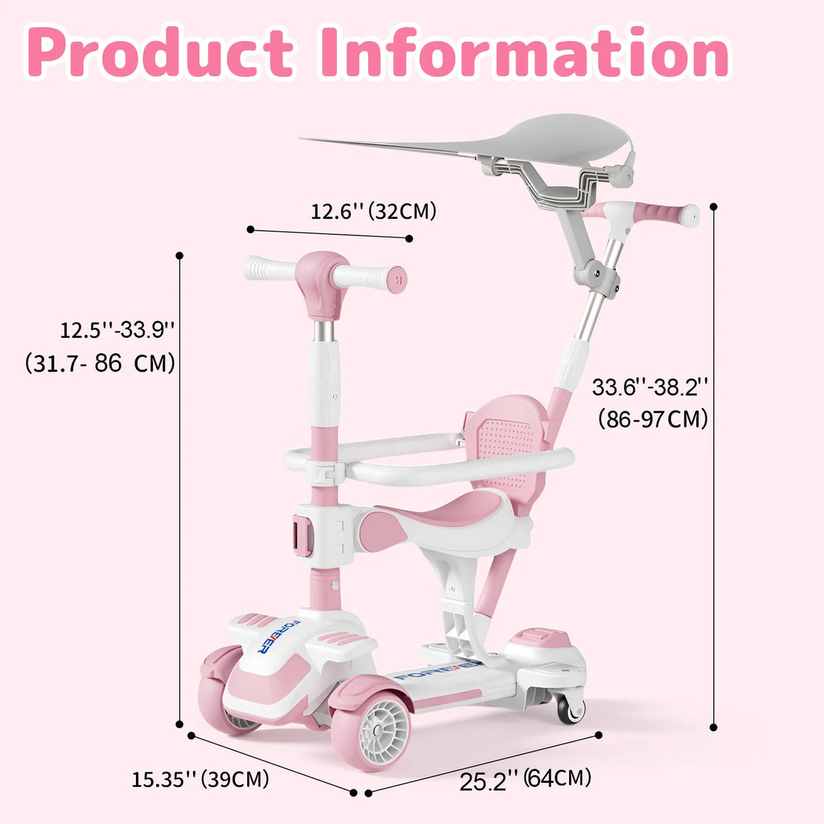 Trottinette pour enfants Neuleb à 4 roues - Siège pivotant - Réglable - Rose - De 3 à 8 ans