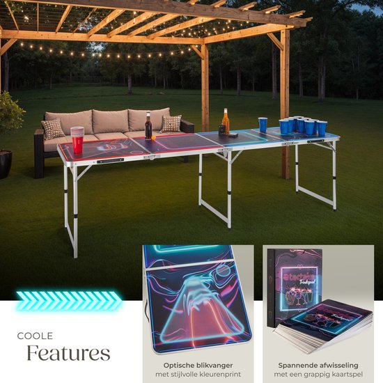 tectake® Table de Beer Pong - Avec décorations de fête - Eclairage LED - Table de Beer Pong réglable en hauteur et pliable - Jeu de boisson avec accessoires - 100x gobelets en plastique, 6x balles de ping pong, Jeu de cartes avec cartes