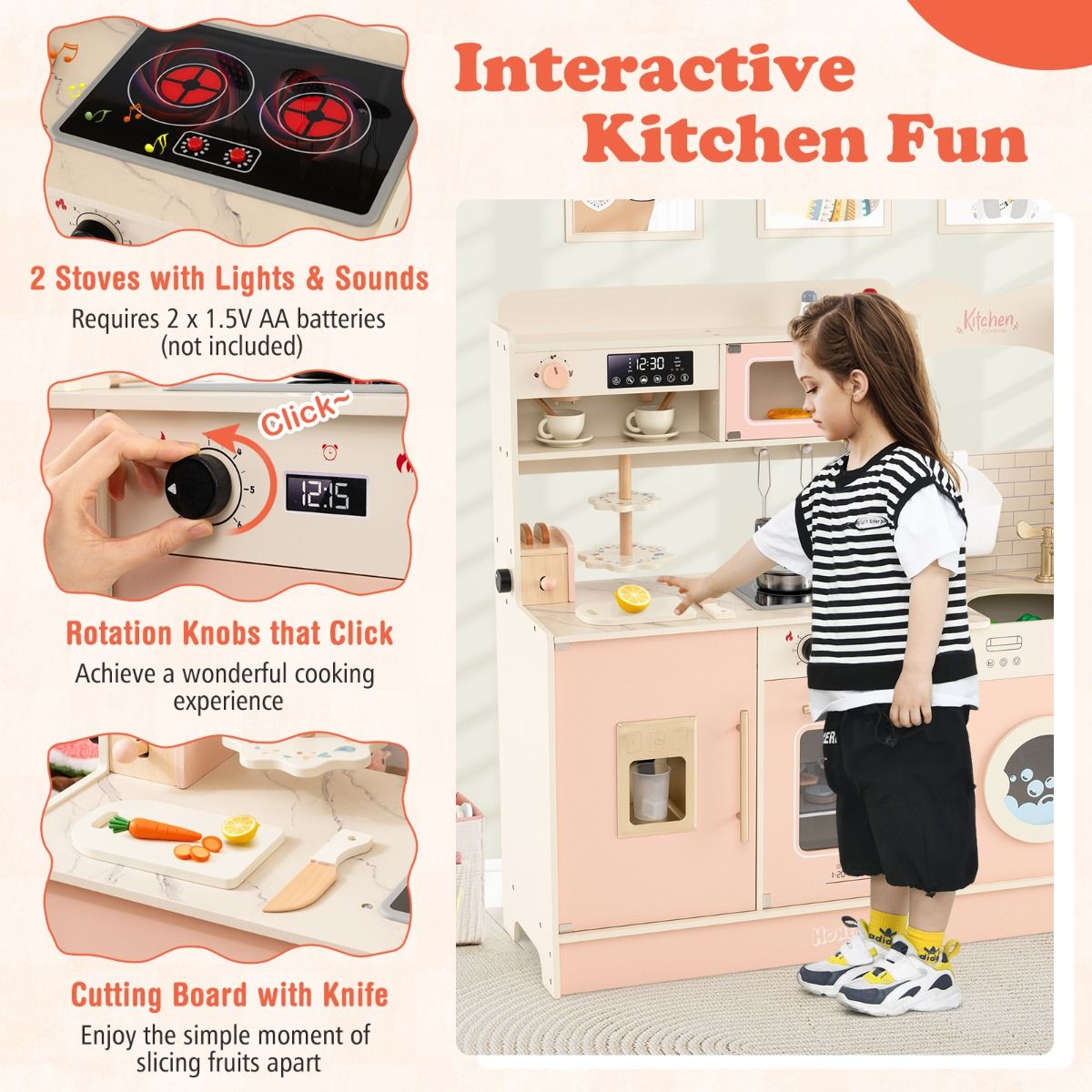 Cuisine jouet en bois Coast pour enfants - avec 25 accessoires - lumières et sons - rose