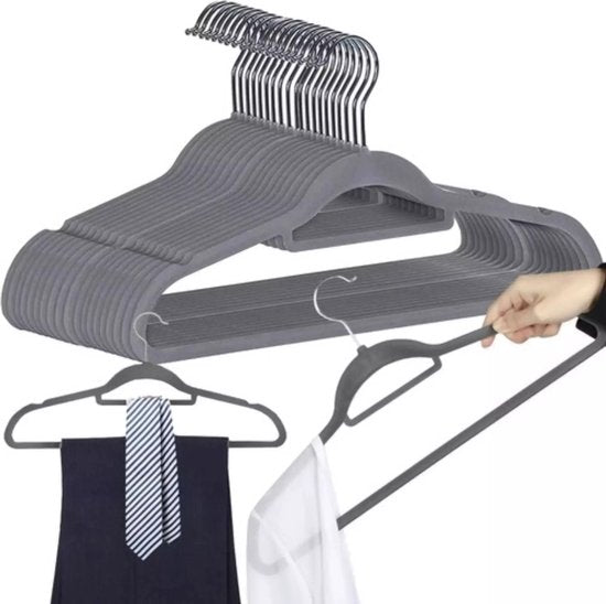 Lot de 100 cintres en velours – Gris – Antidérapants – Crochet pivotant à 360°
