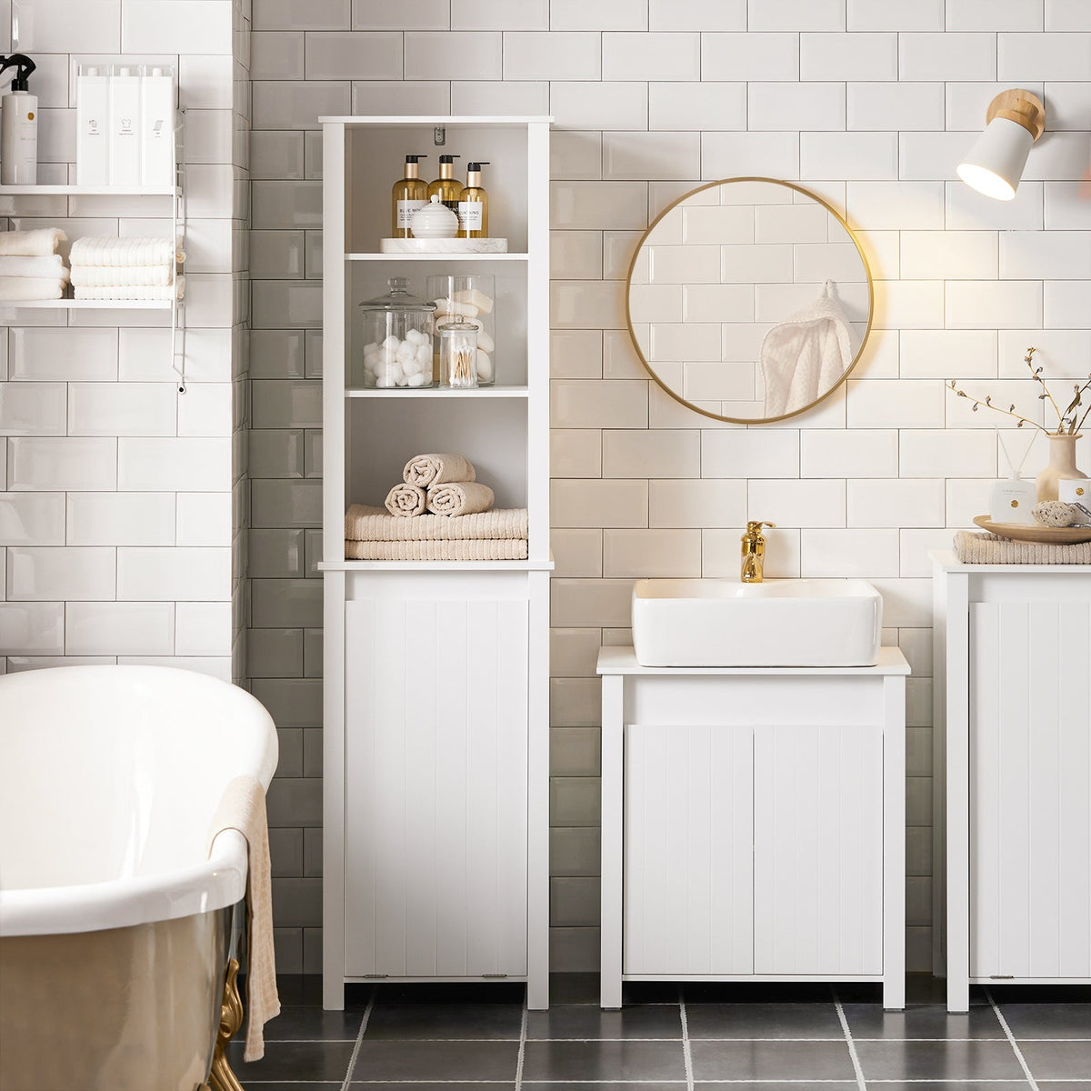 Meuble colonne de salle de bain, SoBuy, Meuble haut, 3 étagères, 1 panier à linge basculant, 45 x 35 x 171 cm, Blanc