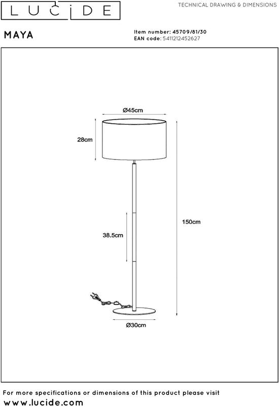 Lucide MAYA - Lampadaire - Ø 45 cm - 1xE27 - Noir - Japandi