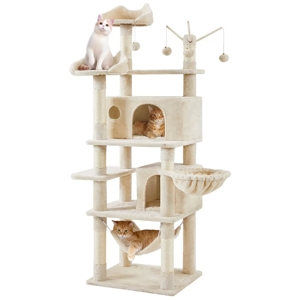 Yaheetech Griffoir pour chat 170 cm de haut XL Arbre à grimper robuste pour chats - 2 plateformes d'observation - 2 enclos pour chats - Hamac - Plateforme de couchage - Beige